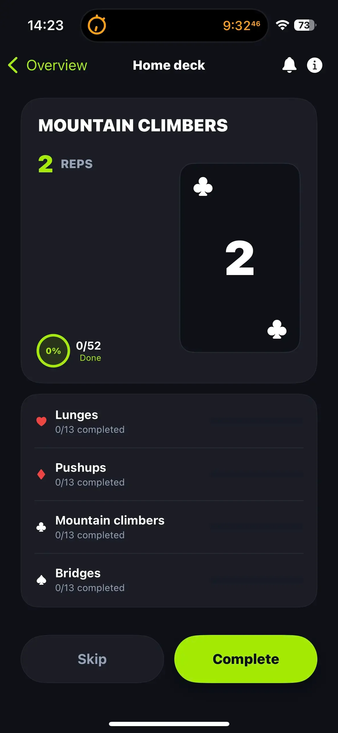 Make Me Workout Perform a deck of cards workout screen