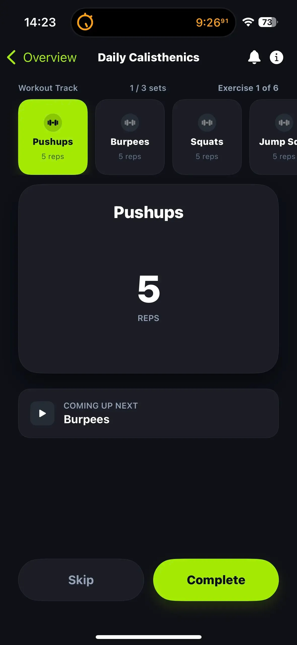 Make Me Workout Perform a workout screen