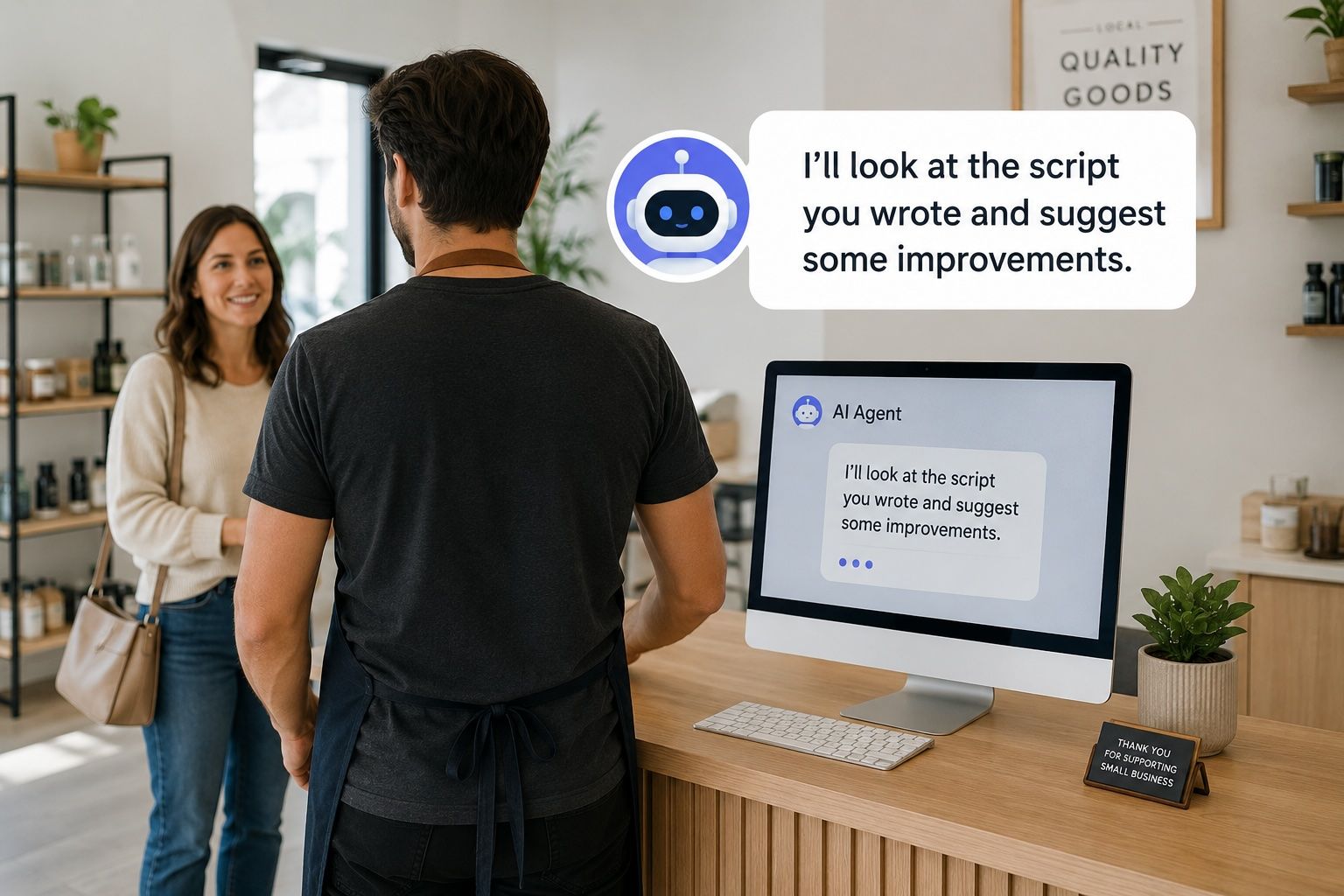 A small business owner helping a customer while using AI tools to improve their business.