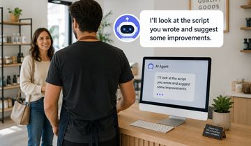 A small business owner helping a customer while using AI tools to improve their business.