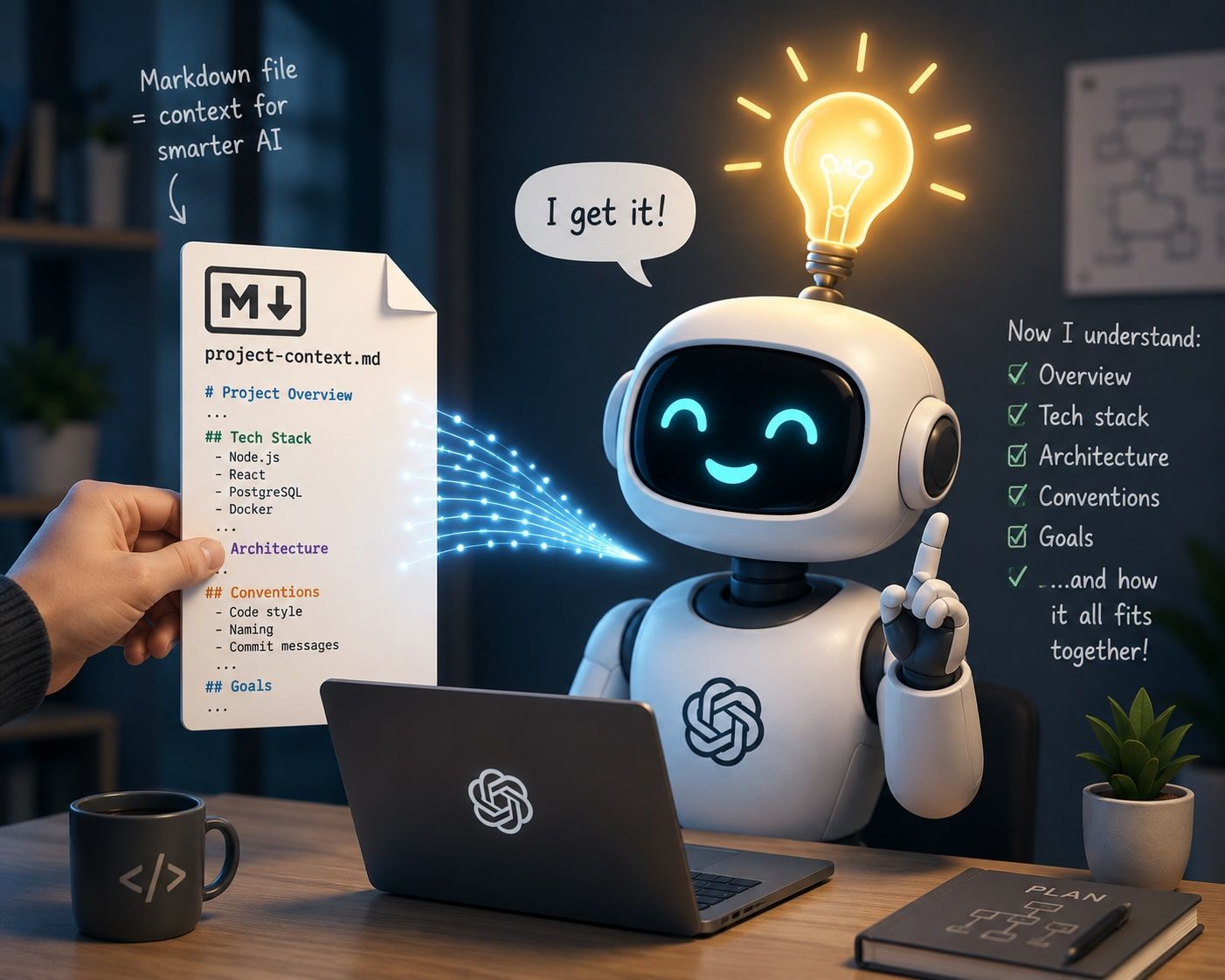 A CLAUDE.md markdown file providing context to an AI coding assistant for better code generation.
