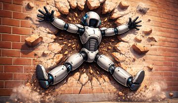 A robot running into a brick wall.