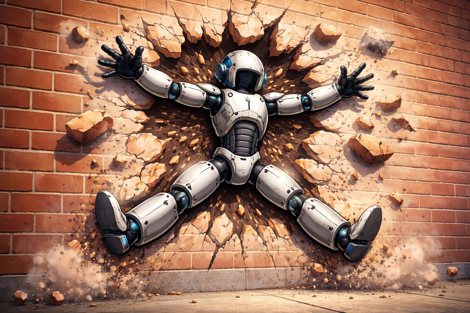 A robot running into a brick wall.