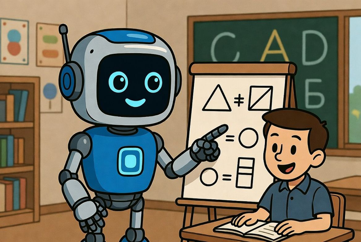 A robot teaching a human in a classroom.