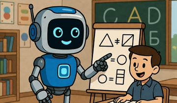 A robot teaching a human in a classroom.