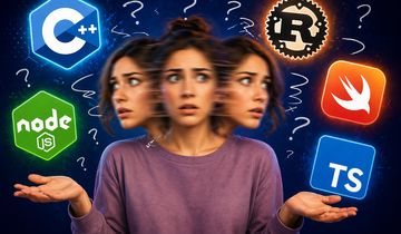 A woman surrounded by various programming languages looking confused