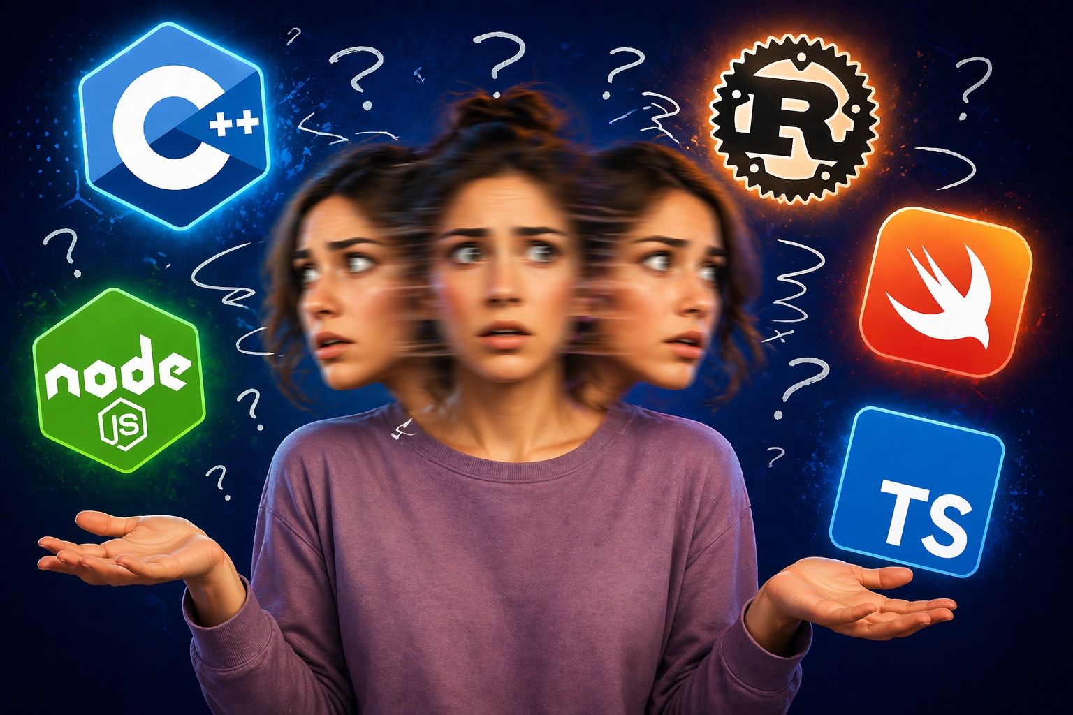 A woman surrounded by various programming languages looking confused