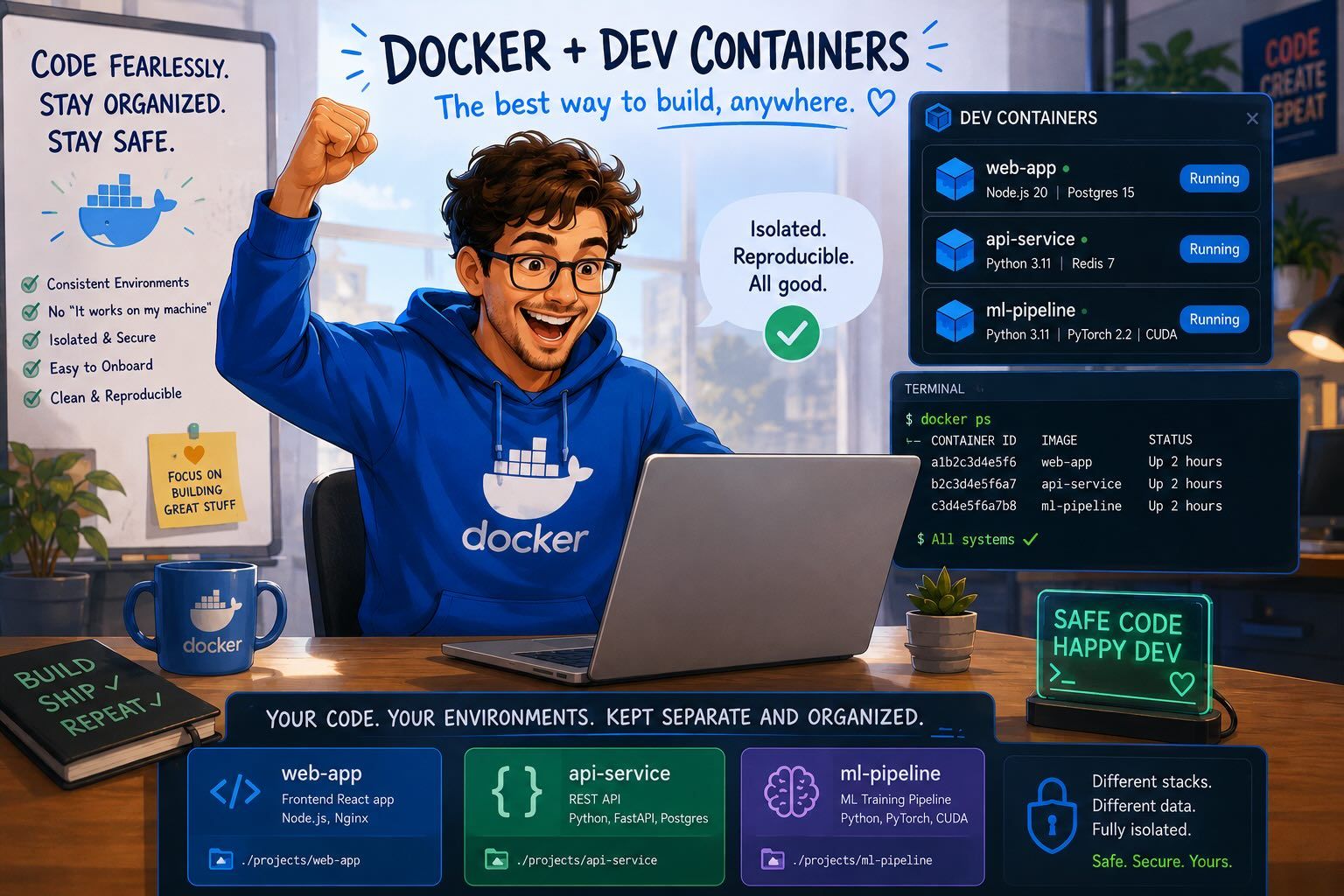 A developer excitedly using dev containers in VS Code.